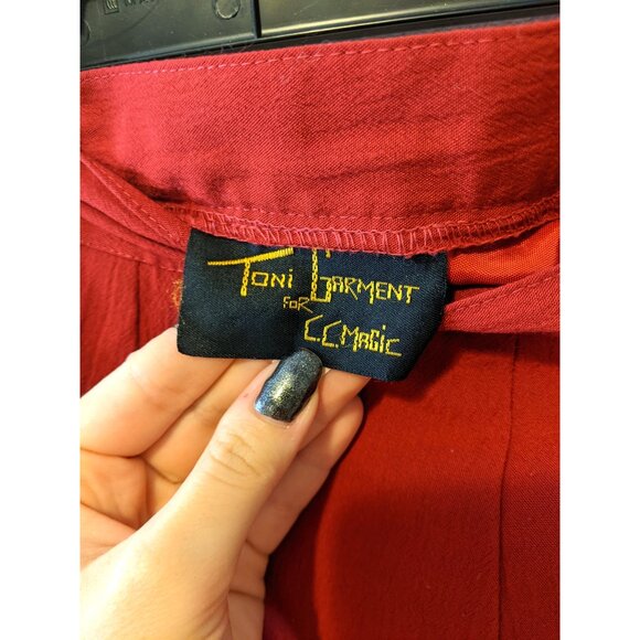 Vintage 80s Toni Garment High Waist A-Line Midi Skirt Red Retro Office Size 13 - Picture 8 of 9